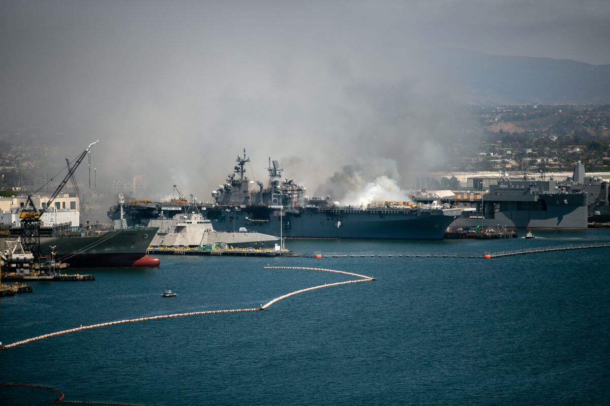 Emergency crews responded to the scene of a fire aboard the USS Bonhomme Richard on Sunday, July 12,
