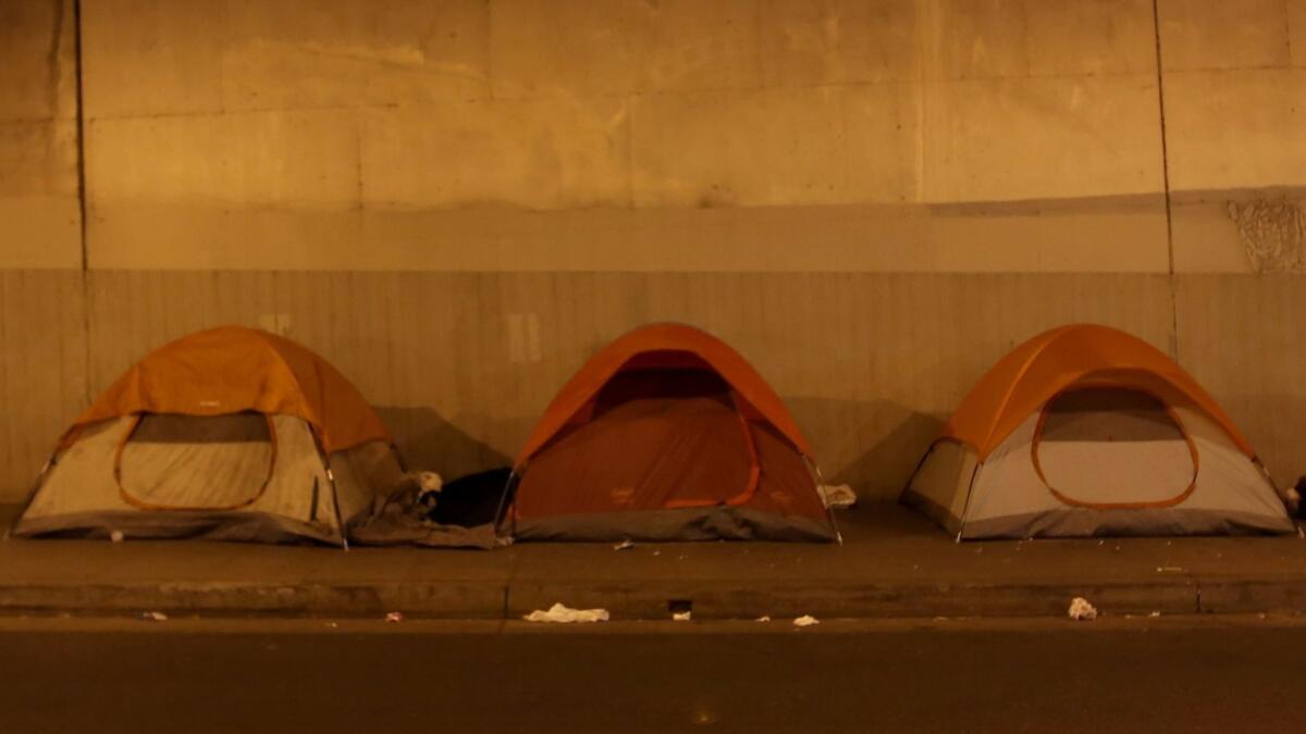 Tents are pitched on a sidewalk beneath a Hollywood overpass early in the morning on Oct. 28.