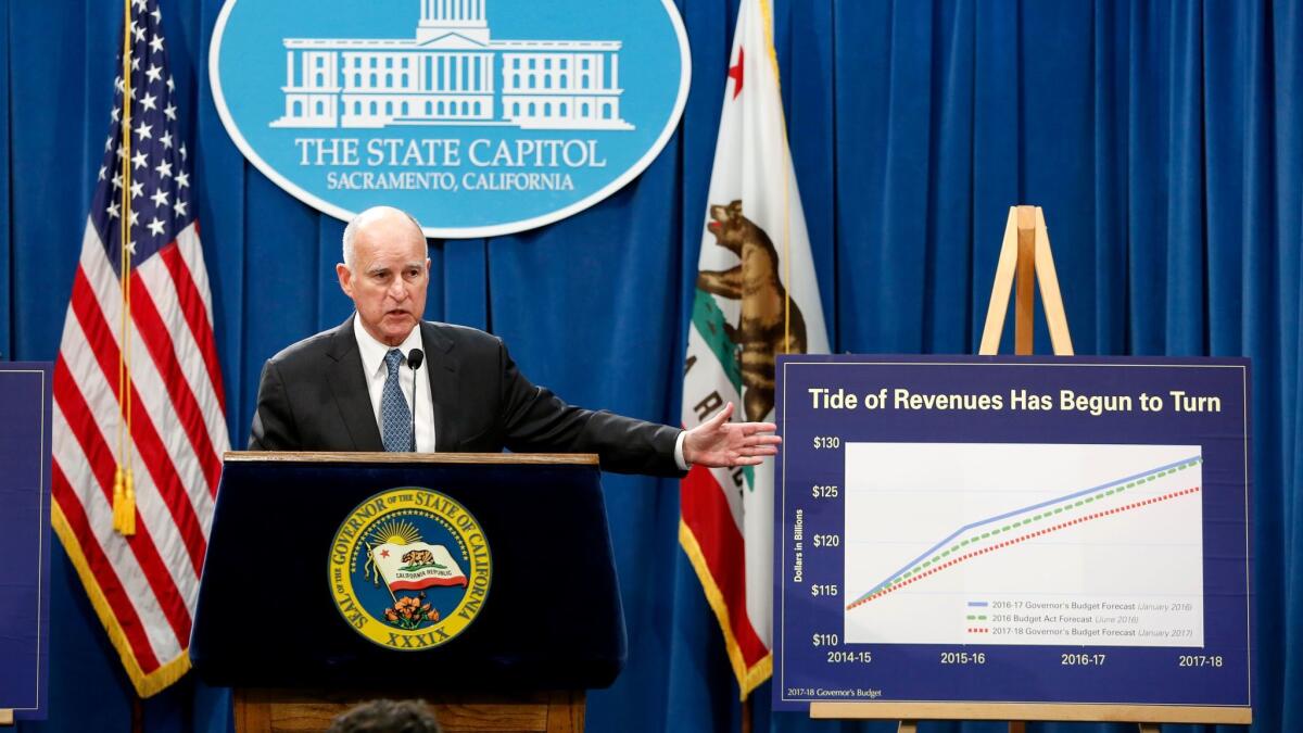 Gov. Jerry Brown releases his proposed budget for 2017-18 at the state Capitol in Sacramento on Jan. 10.
