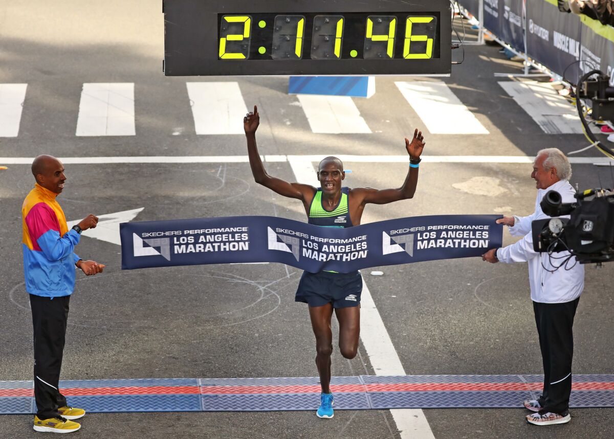Kenya’s Weldon Kirui pulls away for second L.A. Marathon victory in three years.