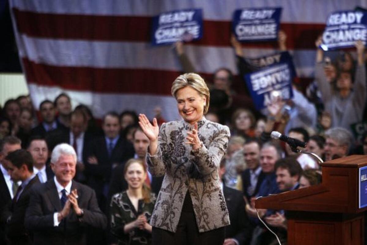 Sen. Hillary Clinton celebrates her victory in the 2008 New Hampshire Democratic primary at Southern New Hampshire University on Jan. 8, 2008 in Manchester, N.H.