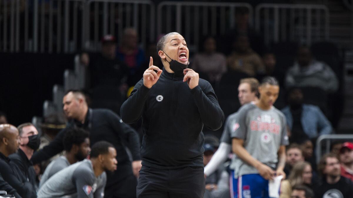 Clippers coach Tyronn Lue shouts an instruction during the first half March 11, 2022, in Atlanta.