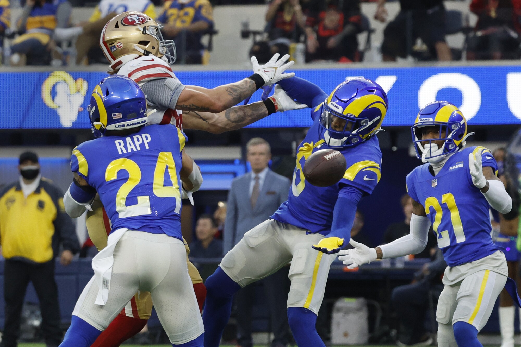 Rams cornerback Jalen Ramsey (5) intercepts a pass intended for 49ers tight end George Kittle (85).