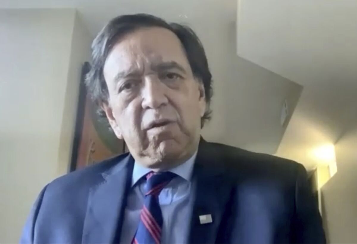 In this image from video, former U.S. Ambassador to the U.N. Bill Richardson speaks to the Associated Press via Zoom video from Cape Cod, Massachusetts, USA Monday, Nov. 8, 2021. Richardson, also a former governor of New Mexico, acknowledges criticism of his self-described humanitarian visit to Myanmar last week, but says he feel his trip was constructive. (AP Photo)