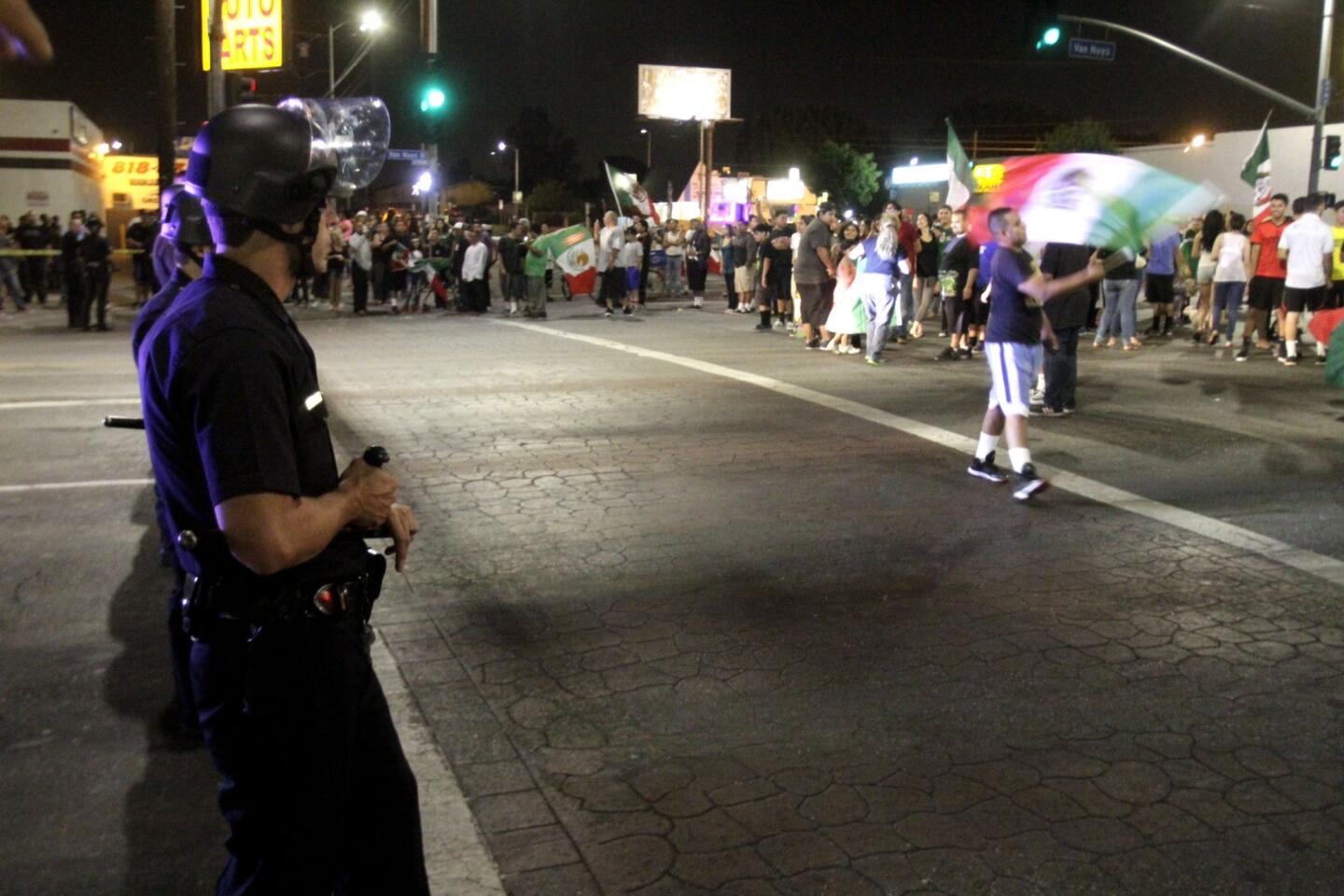 Crowds of soccer fans celebrating Mexico's World Cup win spilled onto the streets in the Pacoima area, forcing authorities to shut down off-ramps and on-ramps on the 5 Freeway.