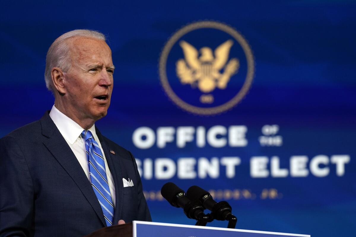 President-elect Joe Biden gives a speech at the Queen theater in Wilmington, Del., on Thursday.