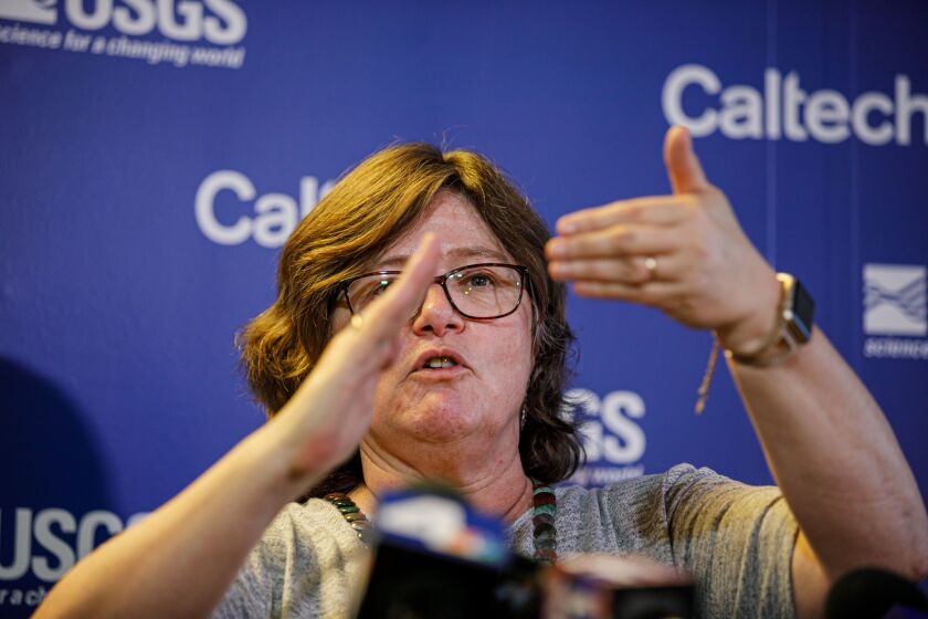 PASADENA, CALIF. -- THURSDAY, JULY 4, 2019: Dr. Lucy Jones explains the nature of how the earthquake formed, at a press conference in response to the 6+ magnitude earthquake that struck near Ridgecrest, at Cal Tech, in Pasadena, Calif., on July 4, 2019. (Marcus Yam / Los Angeles Times)