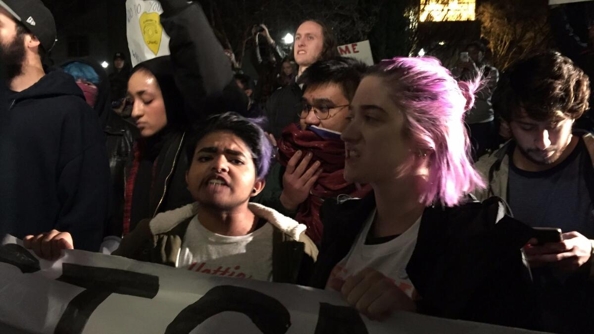 Hundreds of students and activists at UC Davis protested the appearance of Milo Yiannopoulos on Friday night. The event was canceled by the Davis College Republicans, who sponsored it.