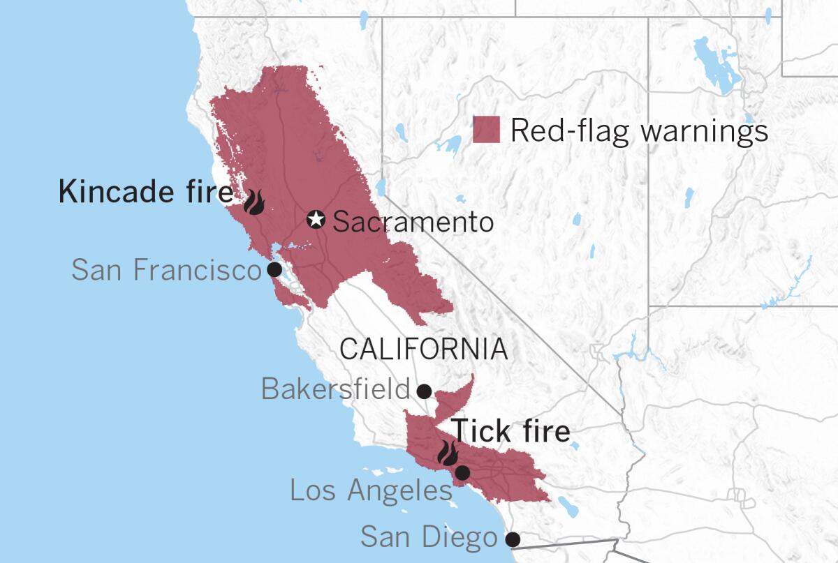 Red-flag warnings for wildfire danger across California