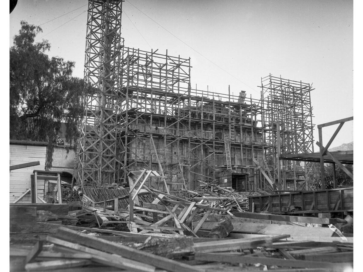 1926: Scaffolding surrounds the earthquake-damaged Mission Santa Barbara during repairs to the famous structure.