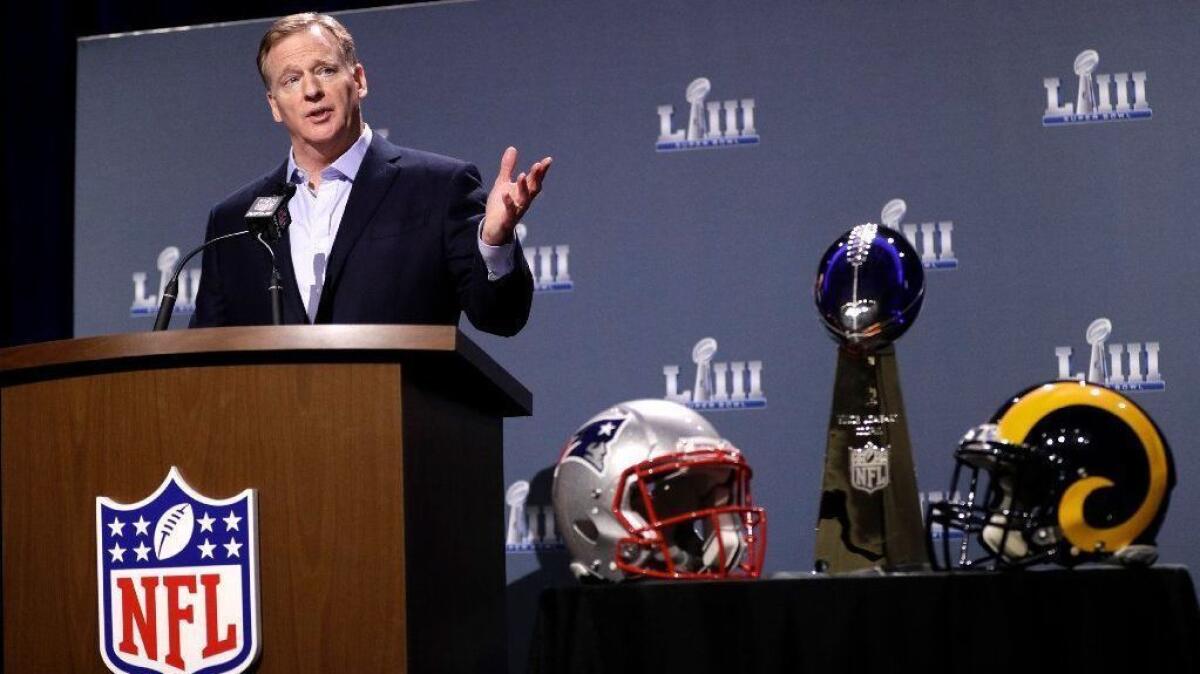 NFL Commissioner Roger Goodell speaks during a news conference on Jan. 30 about the Super Bowl between the L.A. Rams and the New England Patriots.