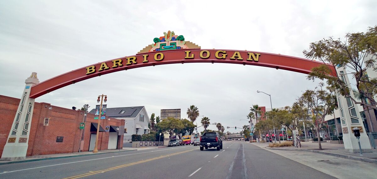 The Barrio Logan gateway sign over Cesar Chavez Parkway between Harbor Drive and Interstate 5.