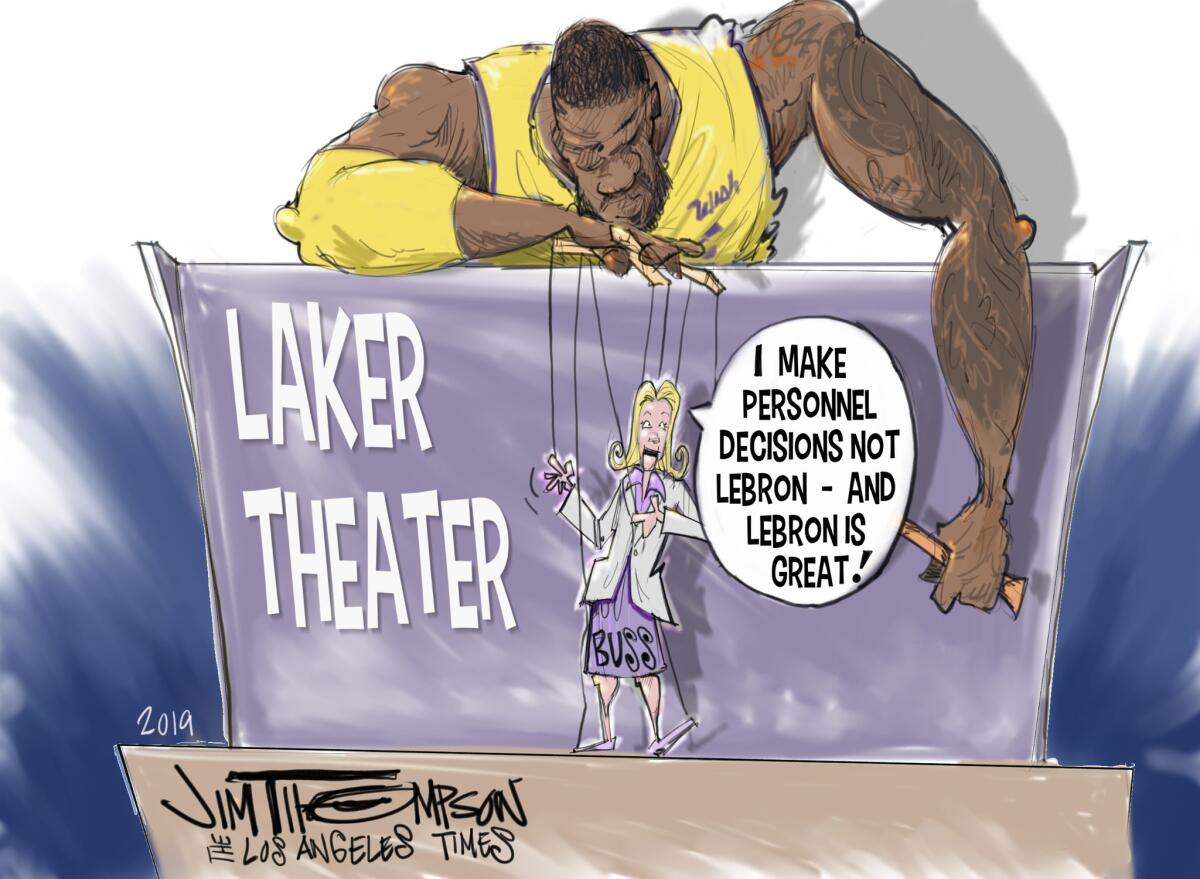 Cartoon depicting Jeanie Buss and LeBron James staring in a puppet Laker theater.