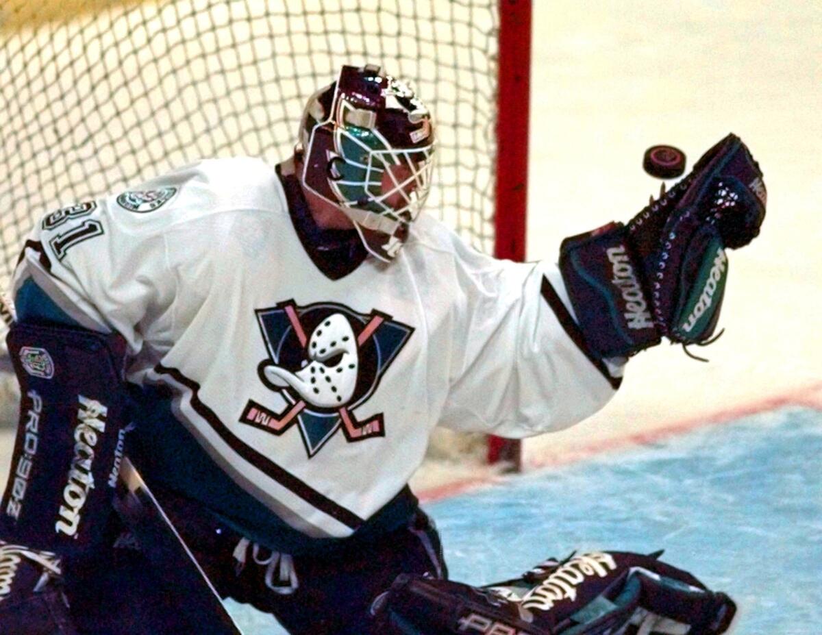 Guy Hebert, the first goalie in Ducks franchise history, will be among the first-year players honored by the franchise when it recognizes the 20th anniversary of the team's first win.