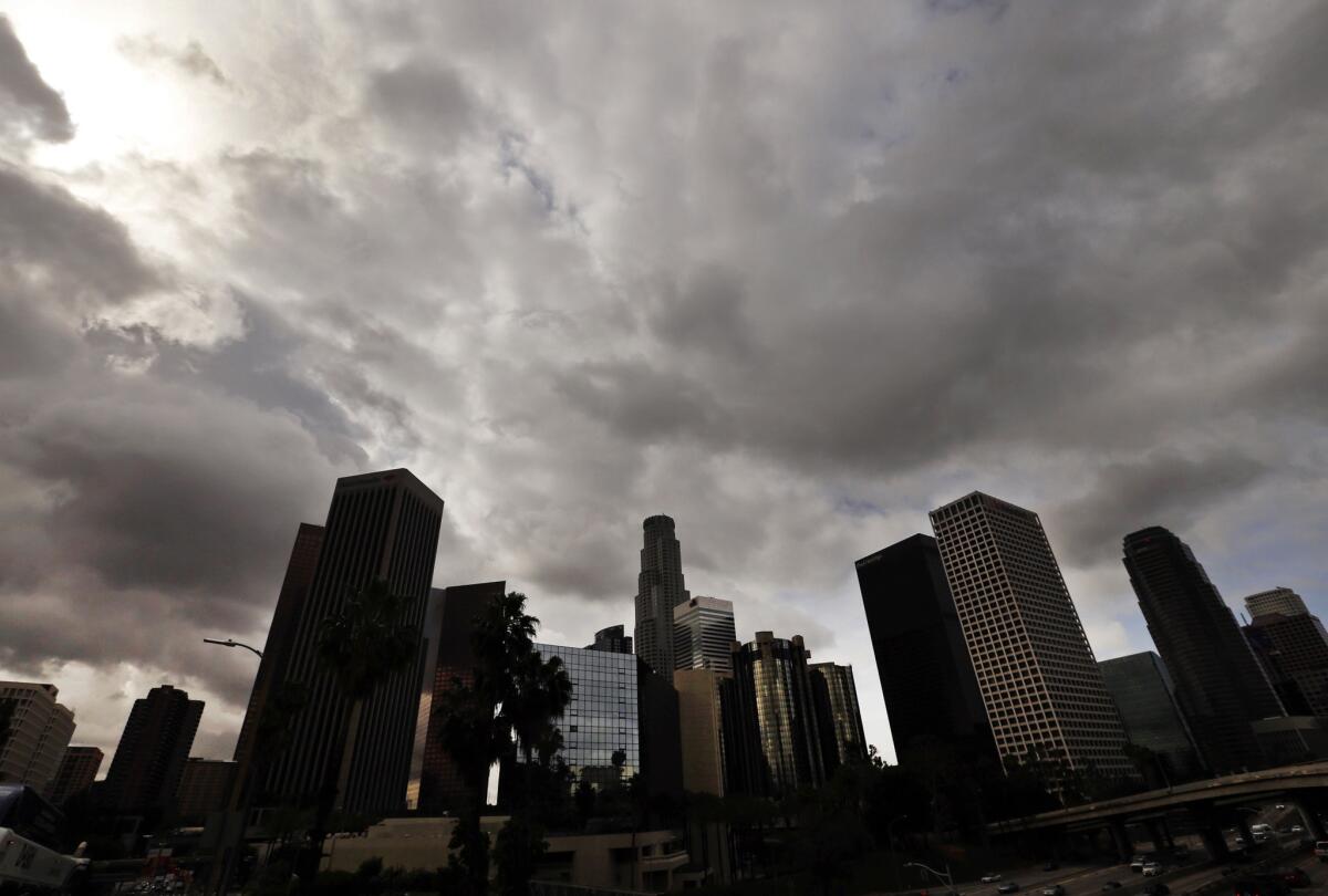 Clouds cover downtown Los Angeles Friday morning, May 8, 2015.