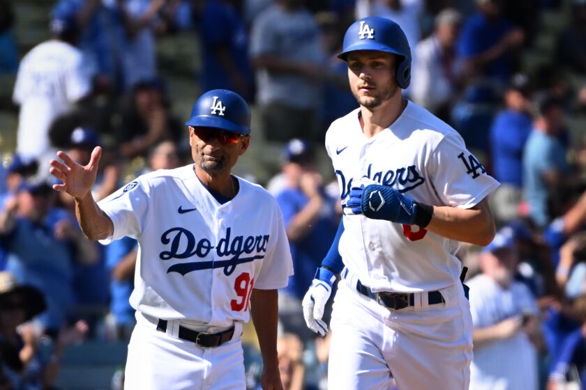 Los Angeles, California October 4 2022-Dodgers Trea Turner celebrates his three-run home run.