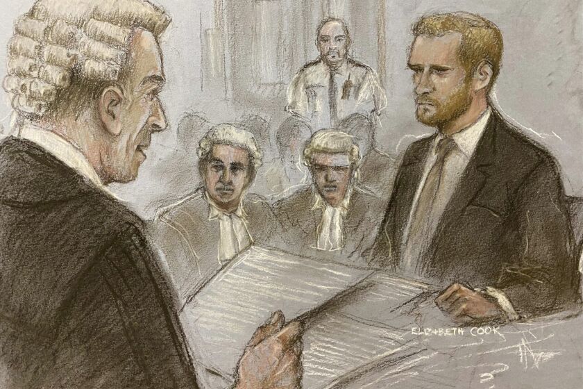 A court artist sketch by Elizabeth Cook of Britain's Prince Harry being being cross examined by Andrew Green KC, as he gives evidence at the Rolls Buildings in central London, Wednesday, June 7, 2023. Prince Harry has given evidence from the witness box and has sworn to tell the truth in testimony against a tabloid publisher he accuses of phone hacking and other unlawful snooping. He alleges that journalists at the Daily Mirror and its sister papers used unlawful techniques on an "industrial scale" to get scoops. Publisher Mirror Group Newspapers is contesting the claims. (Elizabeth Cook/PA via AP)