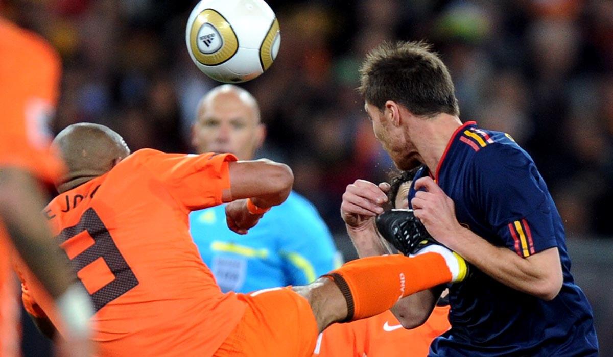 Netherlands midfielder Nigel de Jong fouls Spain midfielder Xabi Alonso during the 2010 World Cup final, which featured physical play and 28 infractions.