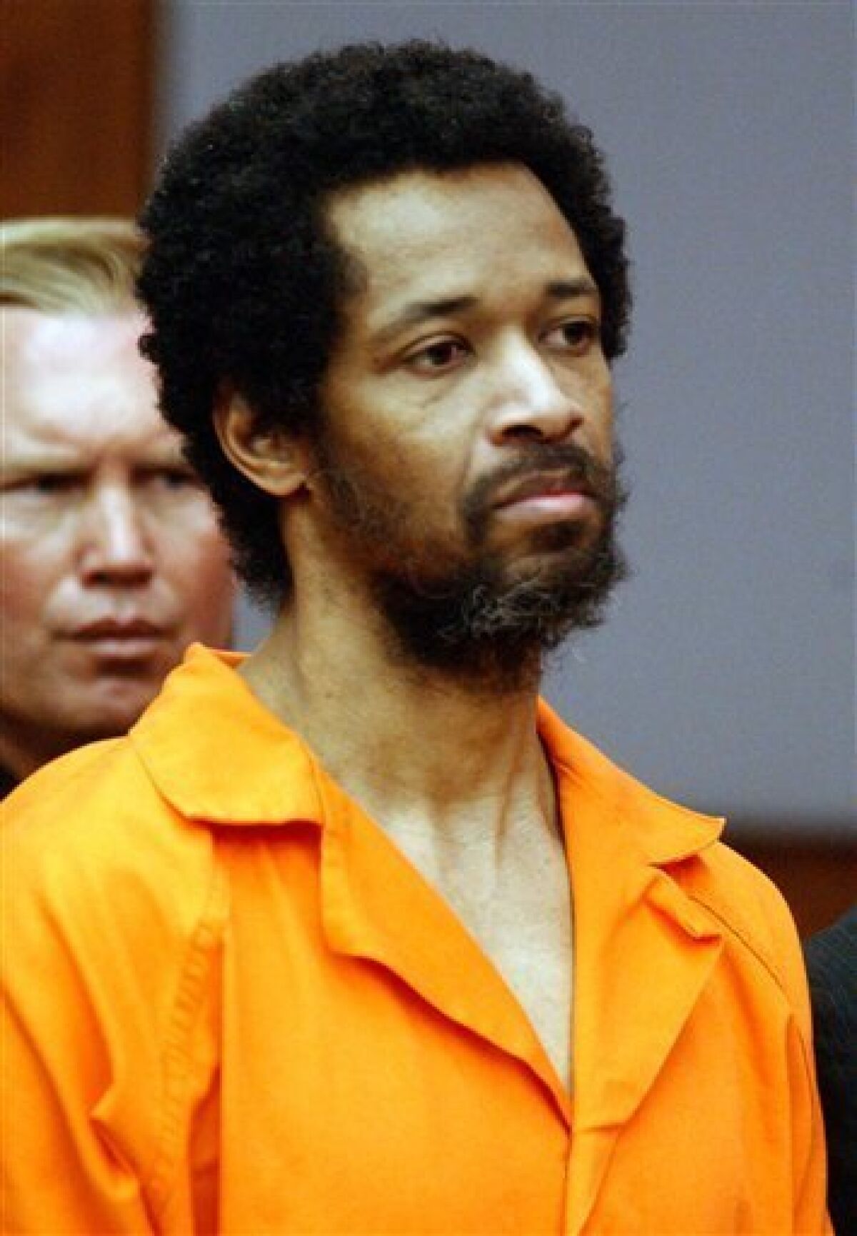 FILE-- In this March 9, 2004 file photo, convicted sniper John Allen Muhammad stands as he is sentenced to death for the shooting of Dean Meyers at the Prince William County Circuit Court in Manassas, Va. An appeal of his conviction will be heard in the Virginia 4th Circuit of Appeals in Richmond this week. (AP Photo/Steve Helber, File)