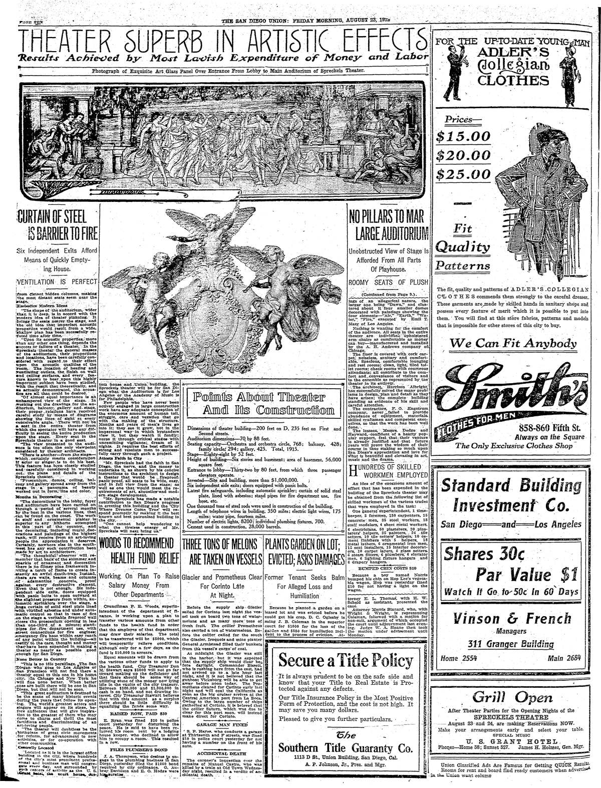 A photo of the interior of the Spreckels Theater was published in the San Diego Union on Aug. 23, 1912.
