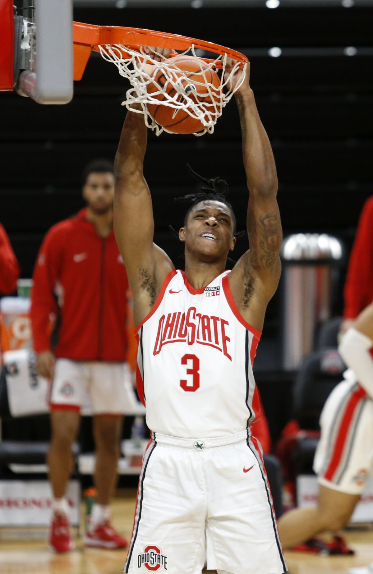 Ohio State guard Eugene Brown dunks against Morehead State during the second half of an NCAA college basketball game in Columbus, Ohio, Wednesday, Dec. 2, 2020. Ohio State won 77-44. (AP Photo/Paul Vernon)