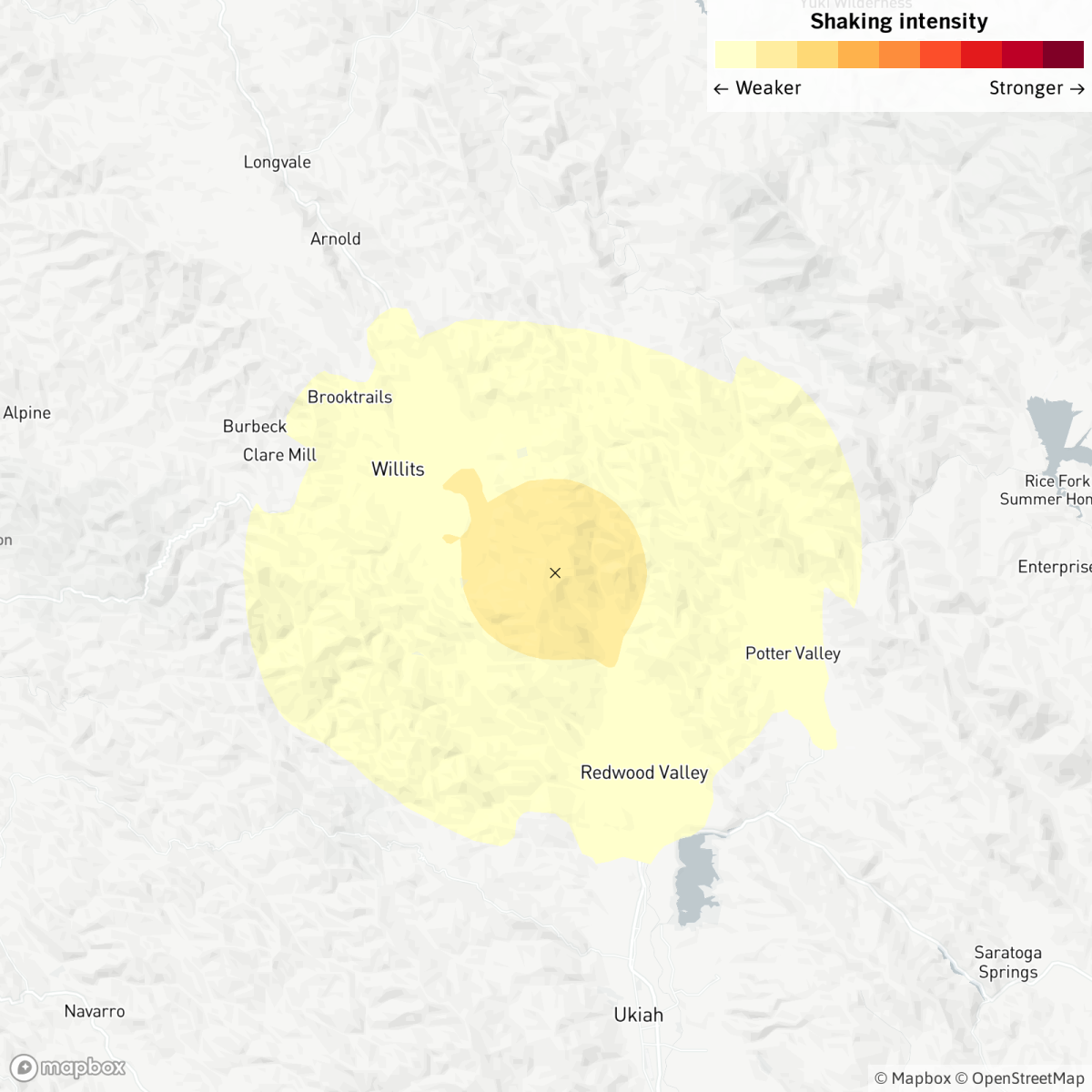 Shake map of the earthquake near Ukiah, Calif.