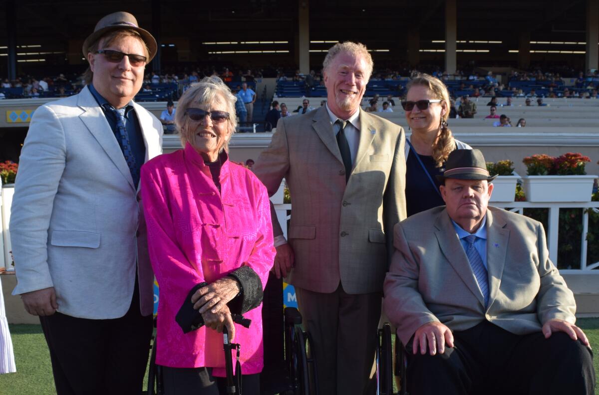 Eric O’Brien Garten, Mavourneen ‘Baja’ O’Brien, Kris Alderton, Ivonne Klug and Kurt A. Garten (seated) were in the winner’s circle of the Pat O’Brien Stakes on Aug. 24 at Del Mar.