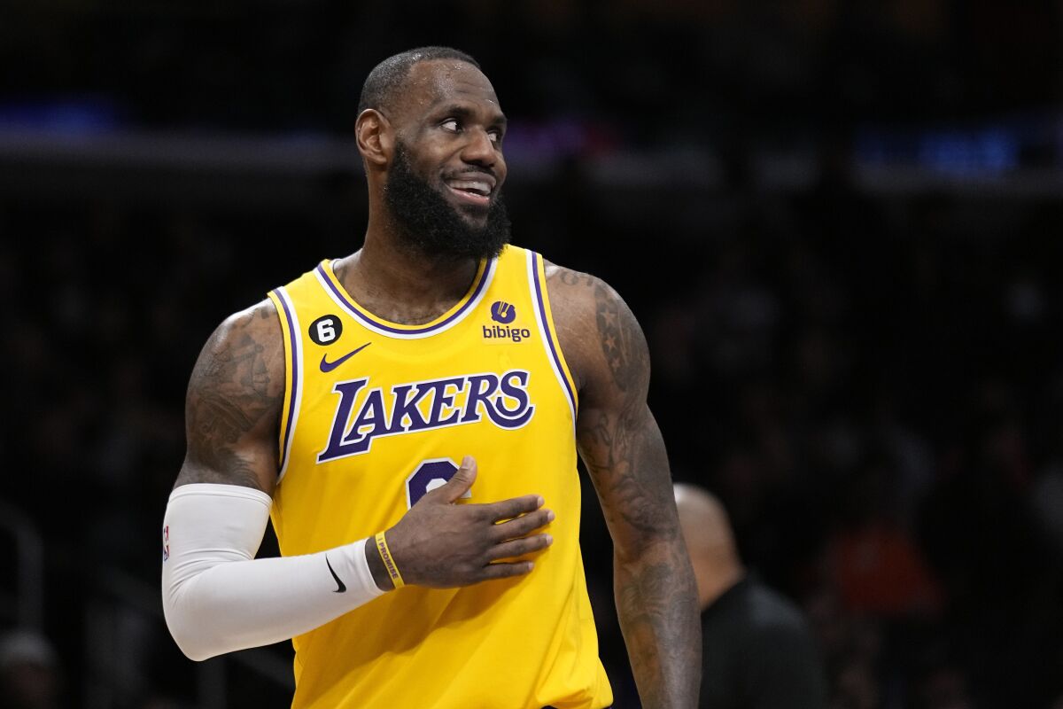 Lakers forward LeBron James smiles during a win over the San Antonio Spurs on Wednesday.