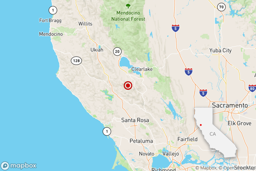 The location of a magnitude 3.5 earthquake Thursday afternoon near Clearlake, Calif.