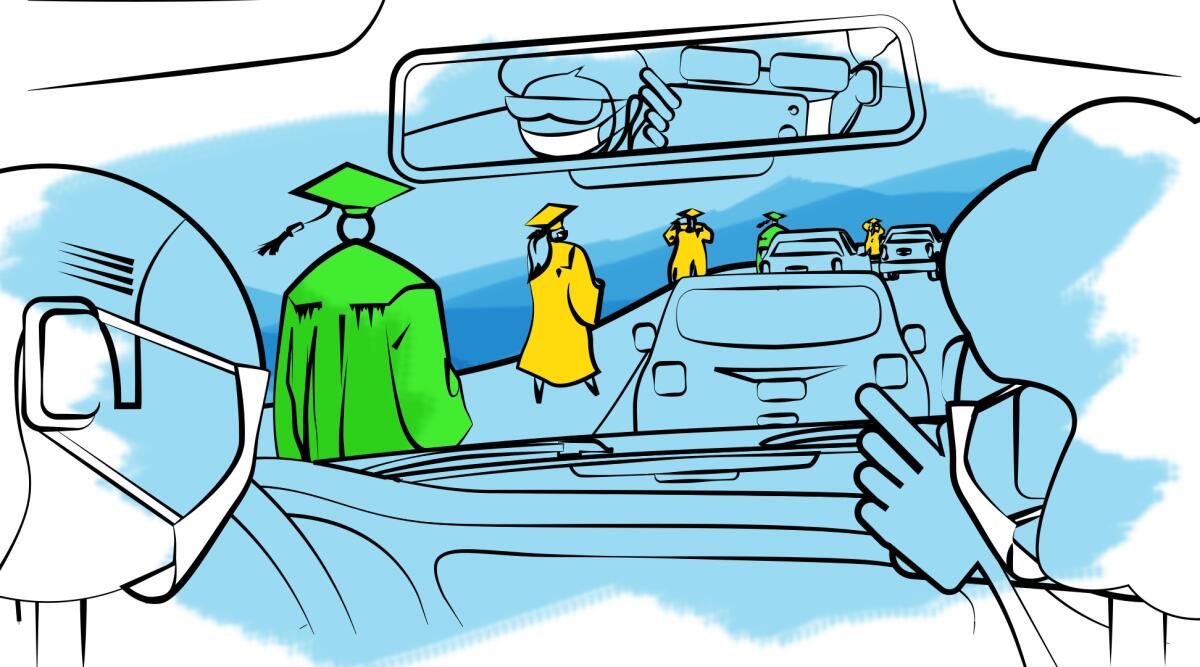 Illustration depicting a drive-through graduation.