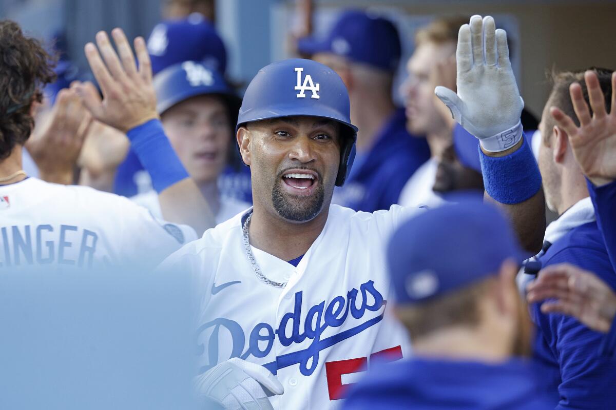 Albert Pujols celebrates after hitting a two-run home run in the eighth inning for the Dodgers on May 29, 2021.