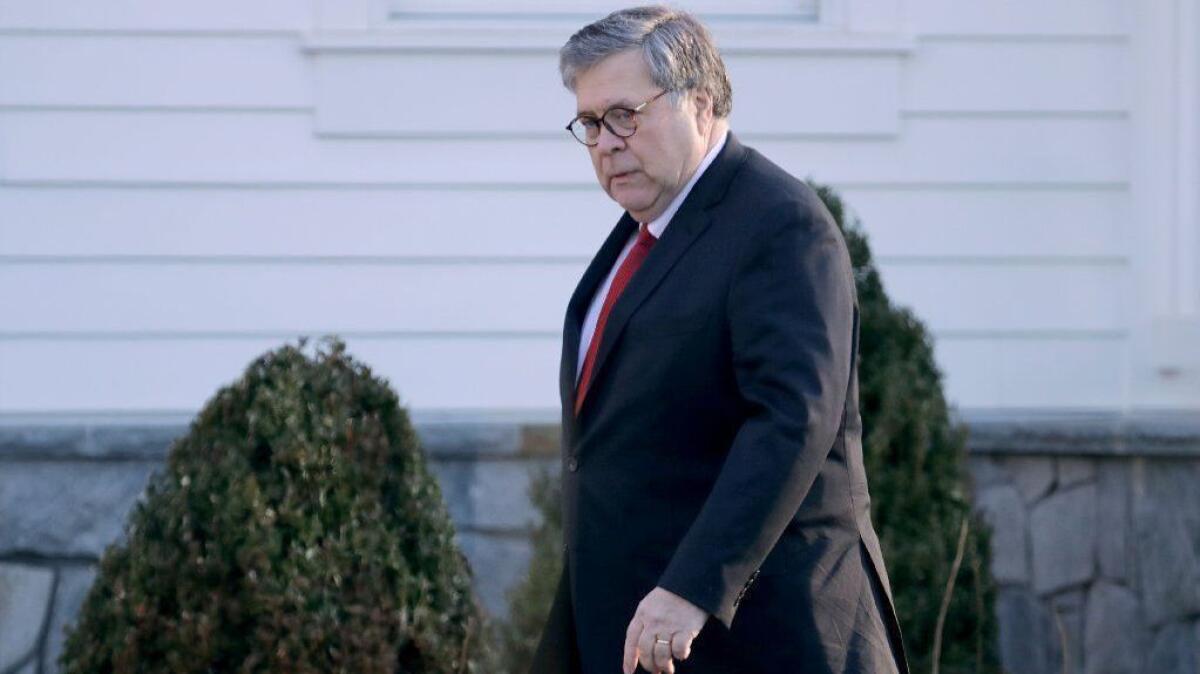 Atty. Gen. William Barr leaves his home on Monday morning, the day after he sent a letter to Congress with what he described as the "principal conclusions" from special counsel Robert S. Mueller III's report.