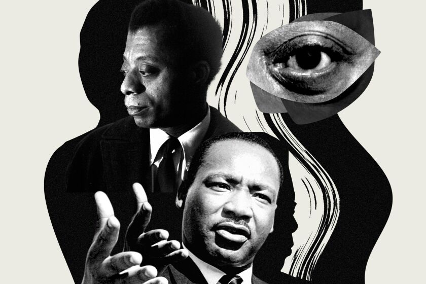 A black and off-white collage featuring archival photos of James Baldwin and Martin Luther King Jr. cut out on top of a large abstract wave pattern