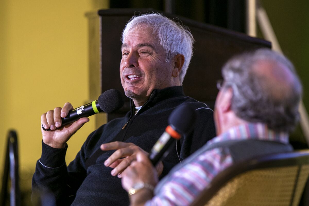 Fred Couples, left, speaks with moderator Alan Beyer, during the Hoag Classic Hall of Fame Community Breakfast on Tuesday.
