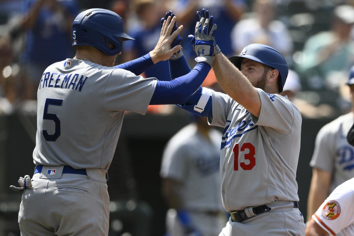 Dodgers' Max Muncy (13) celebrates his home run with Freddie Freeman against the Baltimore Orioles on July 19, 2023.
