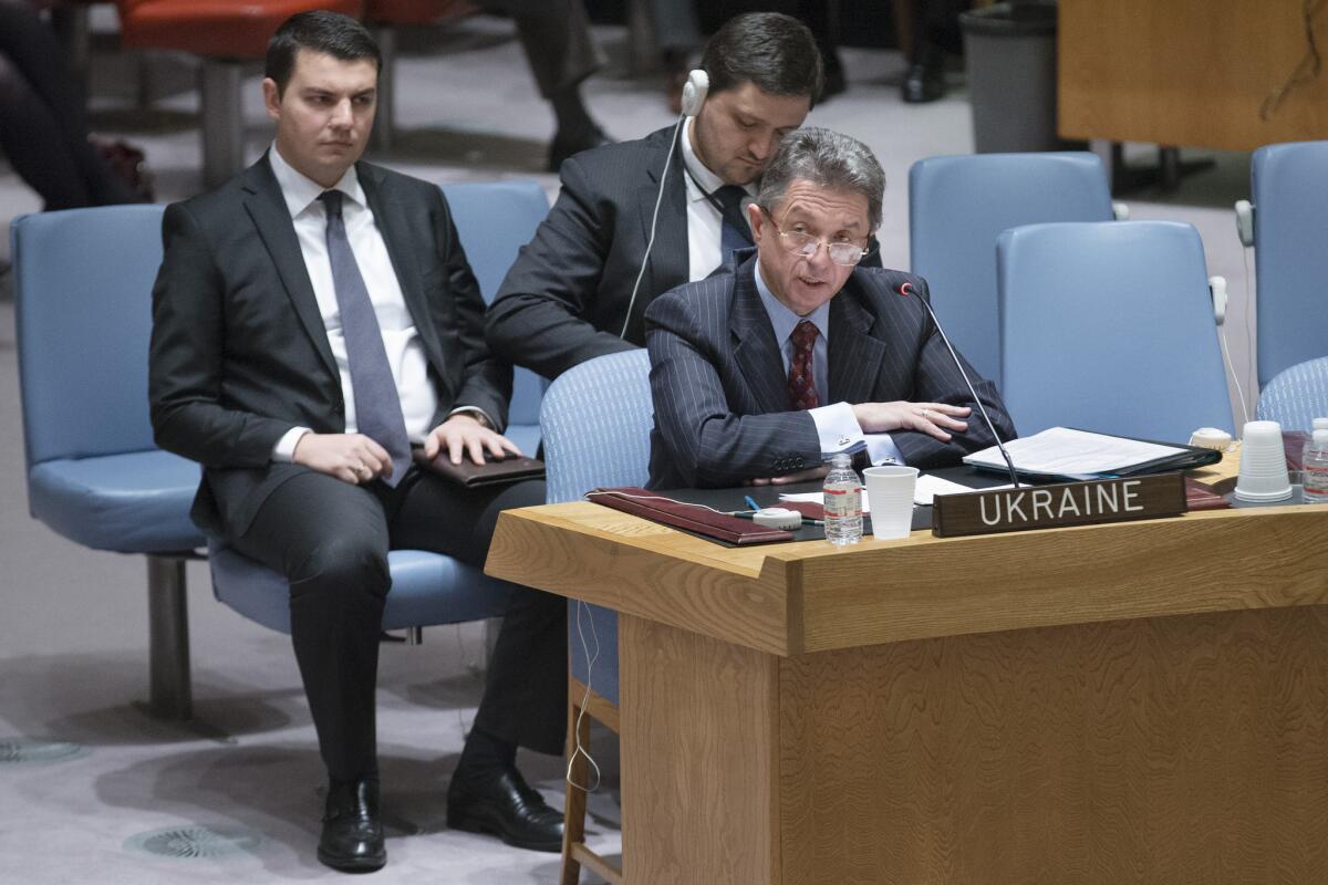 Ukraine's U.N. Ambassador Yuriy Sergeyev speaks during a U.N. Security Council meeting on the Ukraine crisis Saturday at the United Nations headquarters.
