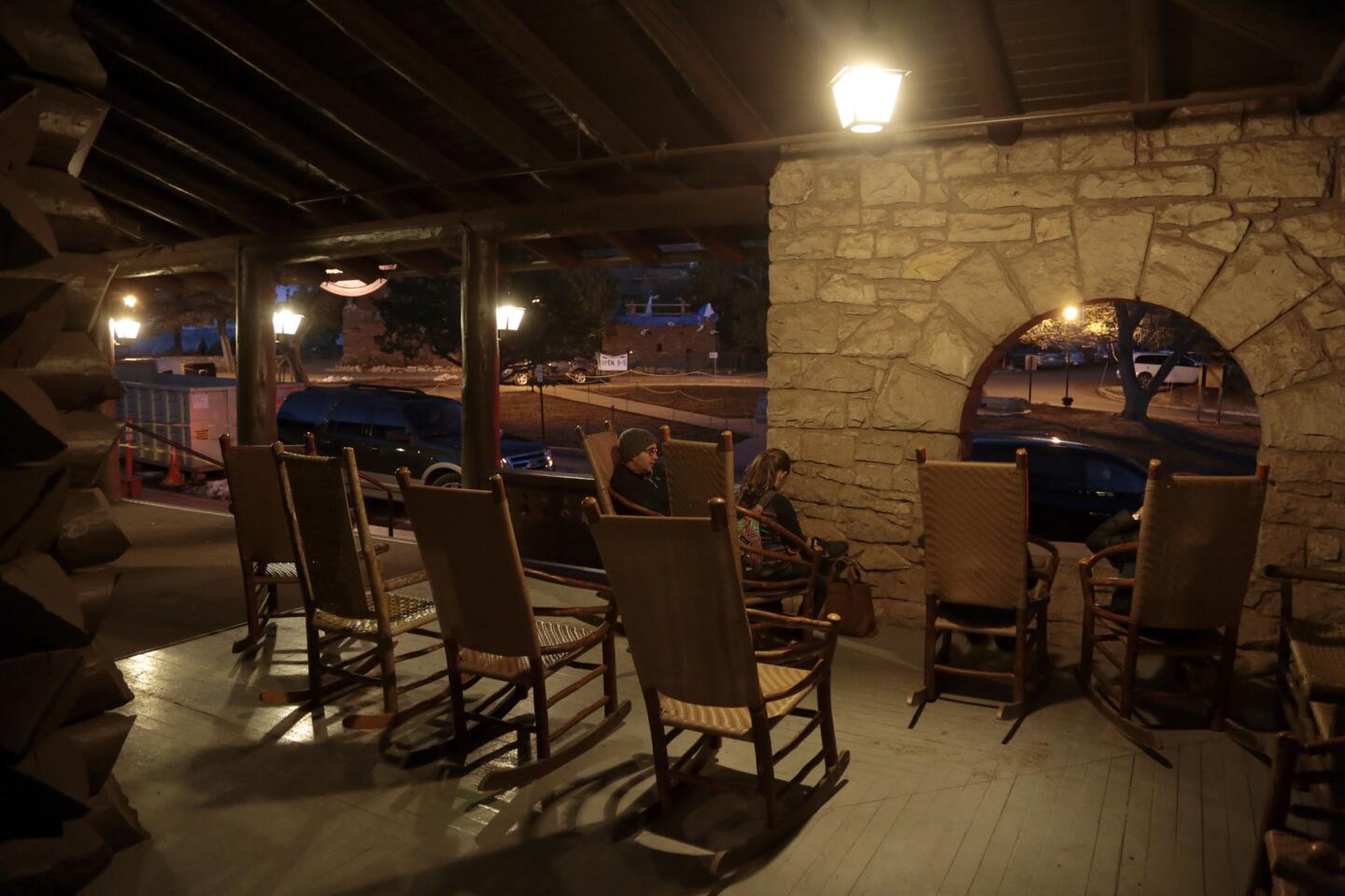 Rocking chairs await visitors to the 110-year-old El Tovar Hotel on the South Rim of the Grand Canyon.