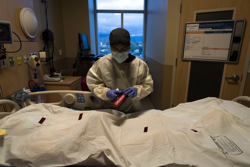 CORRECTS SECOND SENTENCE TO 3,000, NOT 3,900 - FILE - Registered nurse Bryan Hofilena attaches a "COVID Patient" sticker on a body bag of a patient who died of coronavirus at Providence Holy Cross Medical Center in Los Angeles, on Dec. 14, 2021. According to data collected by Johns Hopkins University, deaths in California from the coronavirus topped 80,000 on Friday, Feb. 4, 2022. Another nearly 3,000 people are expected to die by month’s end, even as infections, hospitalizations and intensive care cases fell almost as fast as they had climbed during the omicron wave of the pandemic. (AP Photo/Jae C. Hong, File )