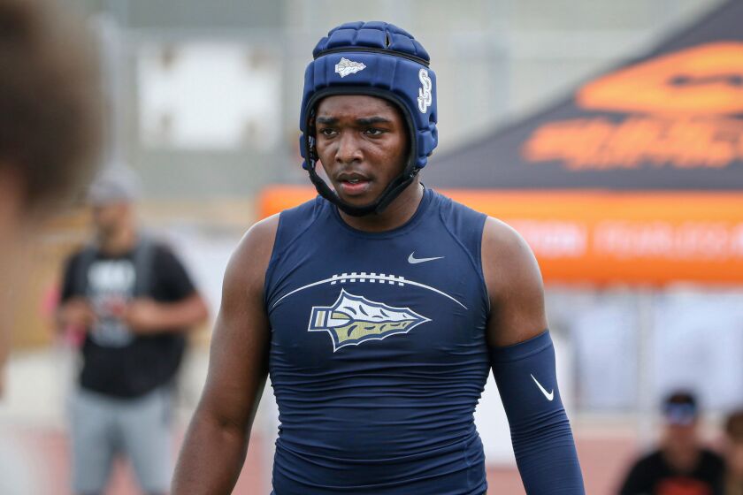 St. John Bosco safety Jonathan Vaughns takes part in a seven-on-seven passing tournament.
