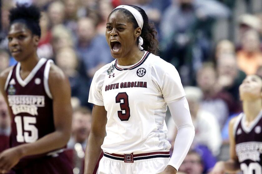 South Carolina guard Kaela Davis (3) celebrates a play during the second half against Mississippi State in the final of NCAA women's Final Four college basketball tournament, Sunday, April 2, 2017, in Dallas. (AP Photo/LM Otero)