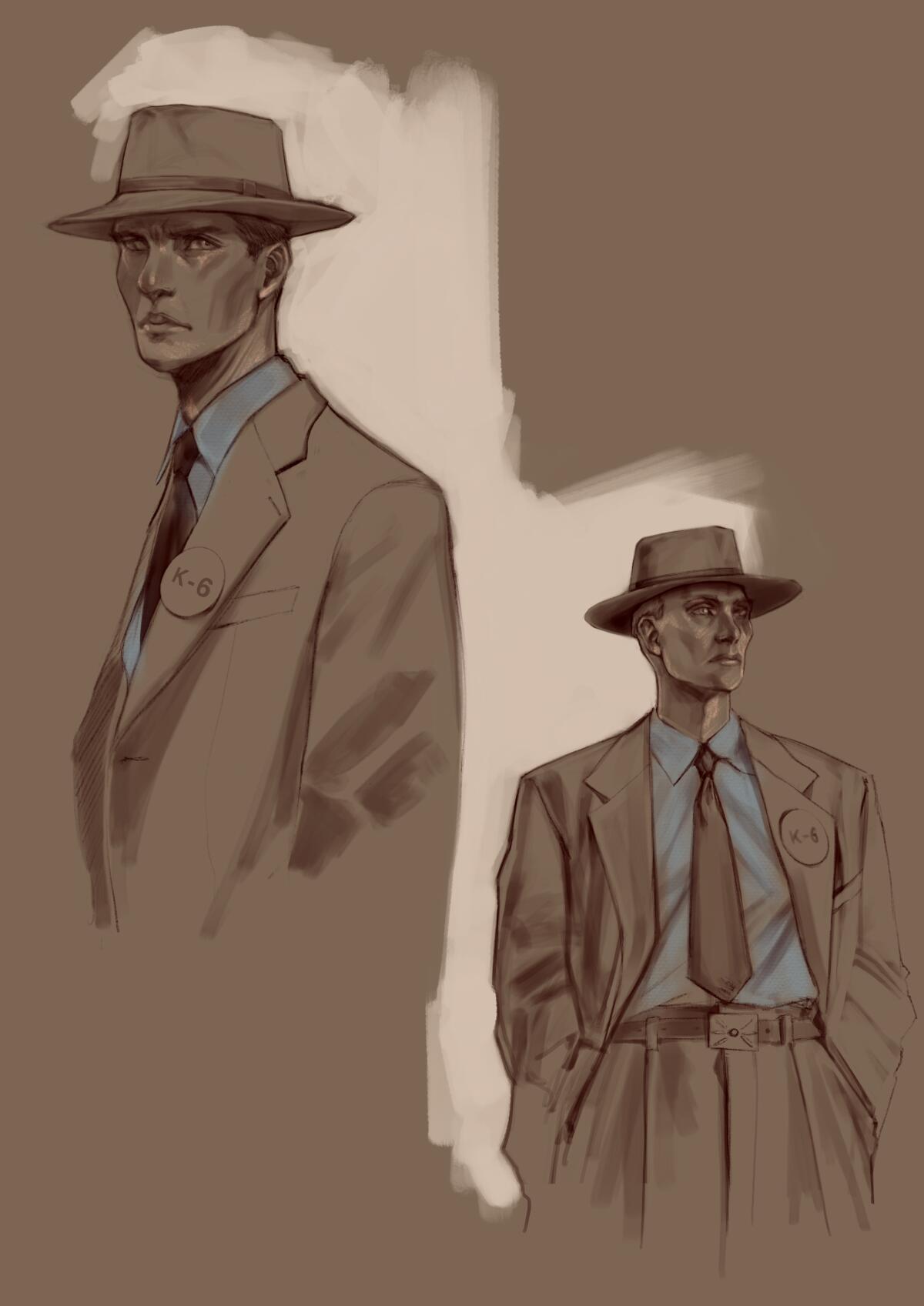An early sketch of the J. Robert Oppenheimer character's look shows two angles.