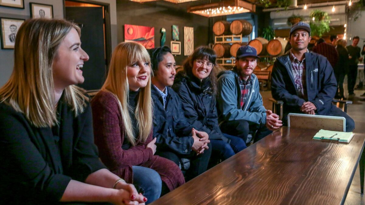 From left, Victoria Zamd, Patti Larson, Oliver Dela Cruz, Leishelle Landolt, Andy Cash and Tim Mensalvas at Booze Brothers Brewing in Vista. The longtime friends serve on a foundation named for their late friend Forrester David Cravens, who died in a 2011 car accident.