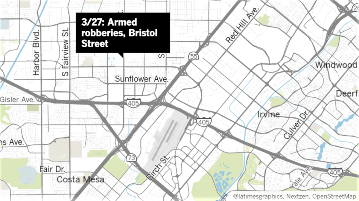Map indicating location of armed robberies on Bristol Street