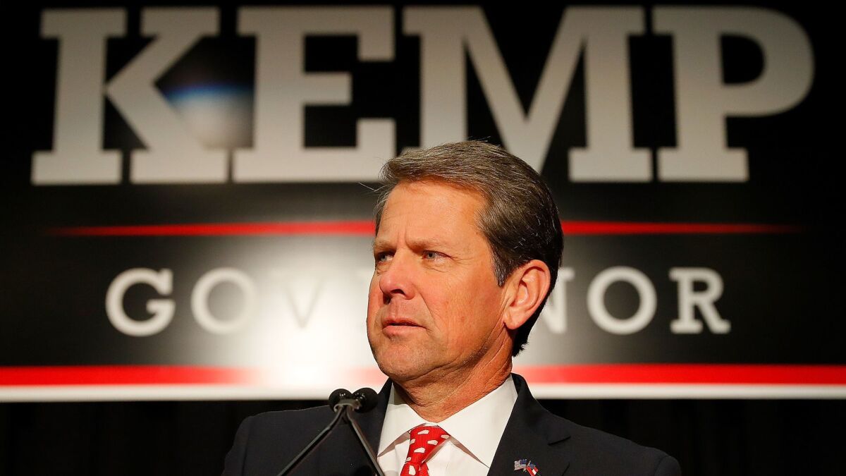 Republican gubernatorial candidate Brian Kemp attends an election night event in Athens, Ga.