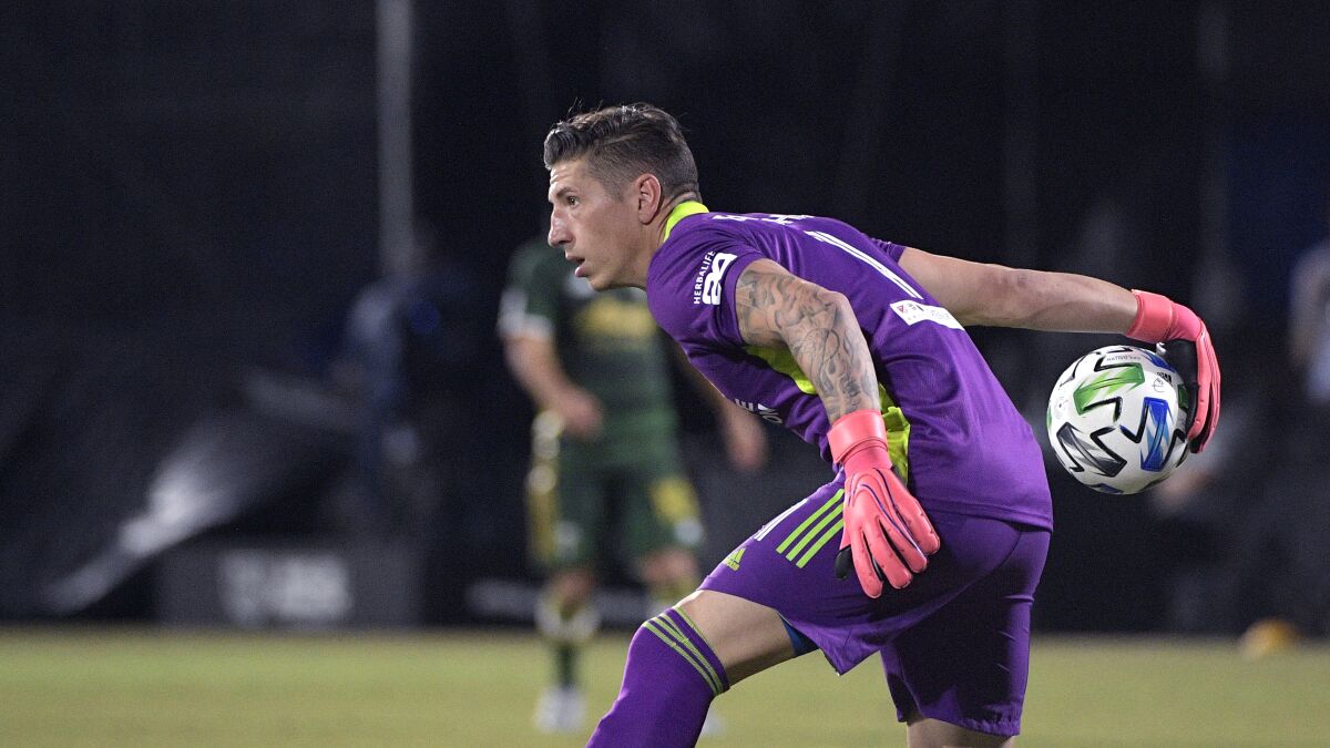 Galaxy goalkeeper David Bingham rolls the ball to a teammate during a game against Portland in July.