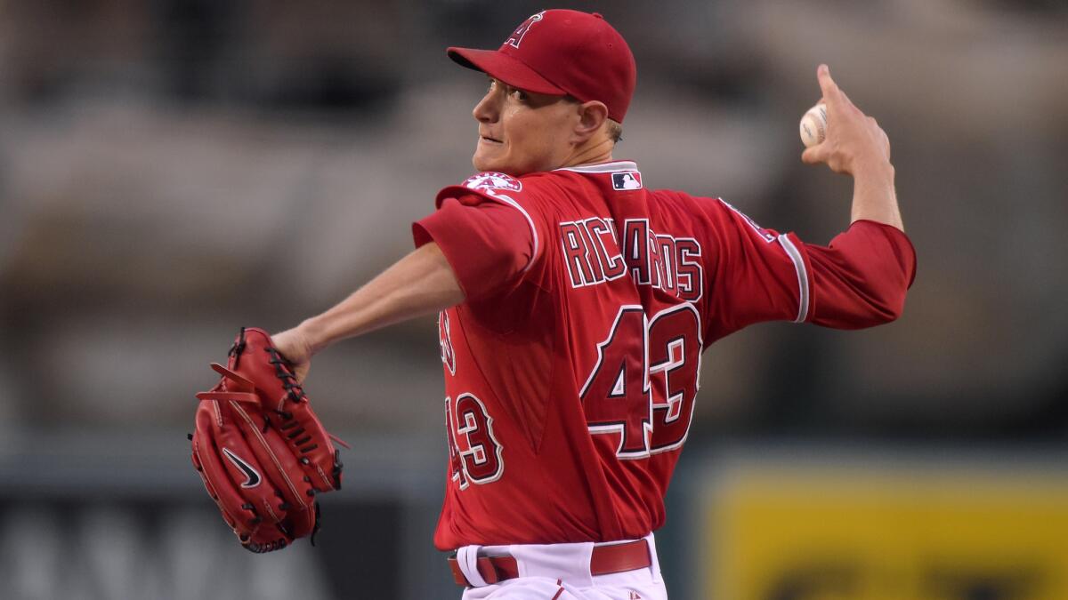 Angels starter Garrett Richards delivers a pitch during the team's 4-1 victory over the Oakland Athletics on Monday night.