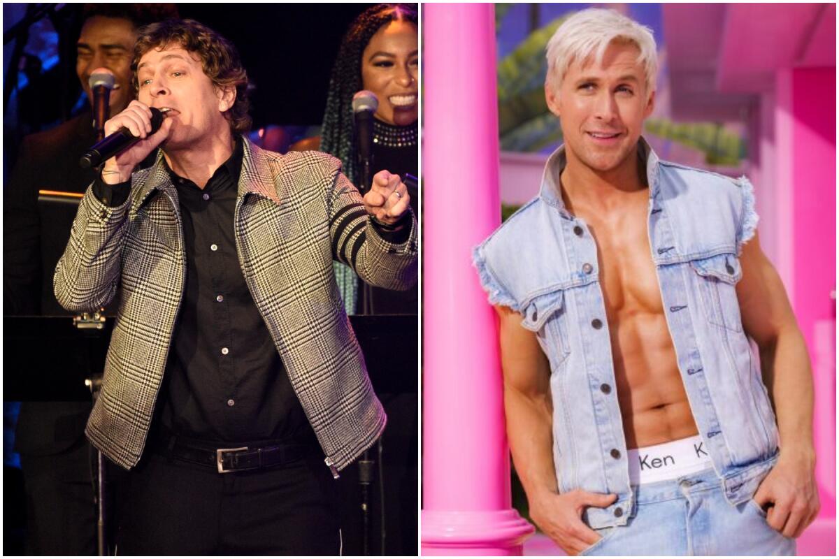 Separate photos of Rob Thomas singing onstage, left, and Ryan Gosling in costume as Ken in "Barbie"