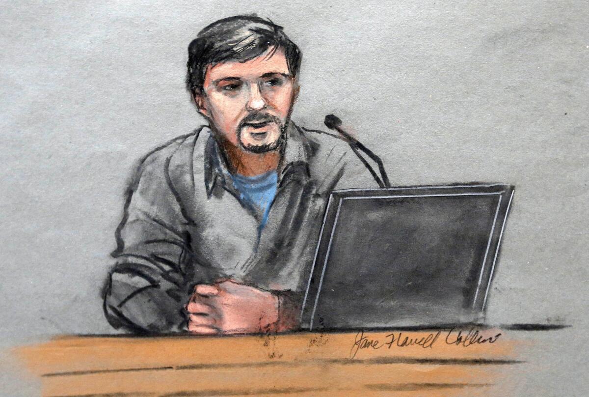 In this courtroom sketch, Boston Marathon bombing survivor Jeff Bauman is depicted while testifying in the federal death penalty trial of Dzhokhar Tsarnaev Thursday, March 5, 2015, in Boston. Tsarnaev is charged with conspiring with his brother to place two bombs near the Boston Marathon finish line in April 2013, killing three and injuring 260 people. Bauman lost both legs in one of the blasts. (AP Photo/Jane Flavell Collins)