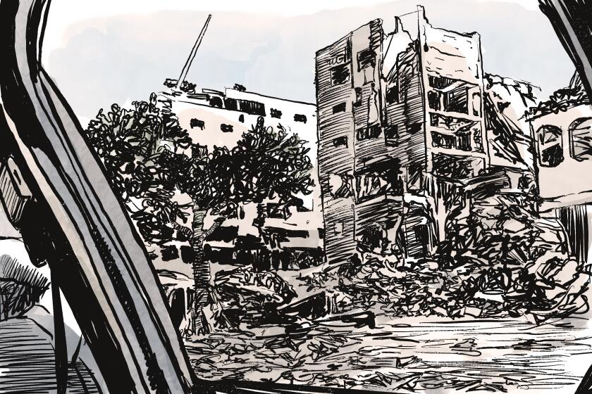 Illustration of destroyed buildings in gaza from the view through a car window
