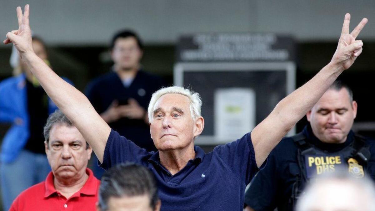 Roger Stone, informal political advisor to President Trump, walks out of the federal courthouse in Fort Lauderdale, Fla., after his arrest on Friday.